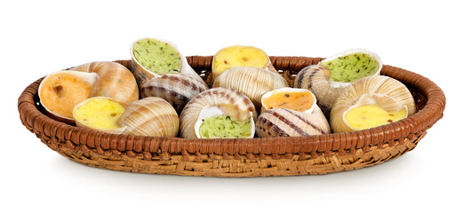 escargot snail filled with different fillings in a wicker basket isolated on white background