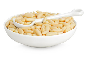 Shelled European pine nuts in ceramic bowl isolated on white background with full depth of field