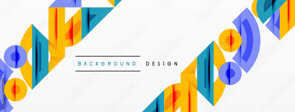 Poster abstract geometric shapes form border. blue, yellow hues dominate white space. modern design element