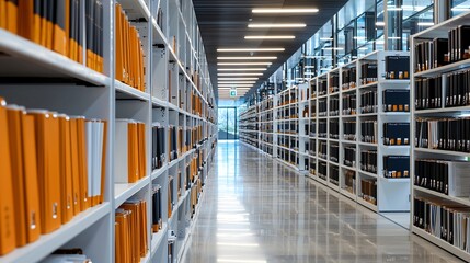Well-organized legal archive room with categorized folders, bright lighting, white shelves, spacious walkway, legal documentation concept in high-resolution detail