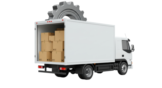 Isolated Delivery Truck with Open Back Door Showing Cardboard Boxes and Silver Gear Above