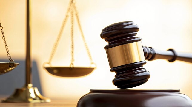 Elegant gavel photographed against a soft glow background, floating beside scales of justice, minimalist symbolic art style