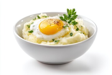 Fototapeta premium Sunny Side Up Egg on Mashed Potatoes in White Bowl Garnished with Fresh Parsley Culinary Delight