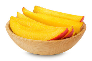 mango slices in wooden bowl isolated on white background with full depth of field