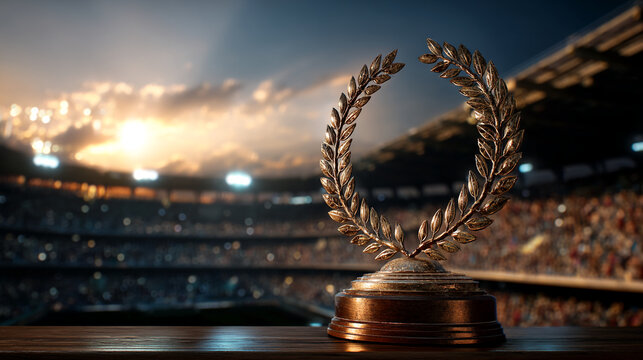 Golden laurel wreath trophy on wooden surface, blurred stadium background at sunset, symbolizing victory, achievement, and success in sports or competition
