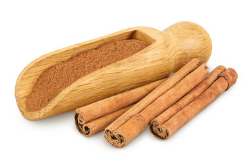 Cinnamon sticks with powder in wooden scoop isolated on white background with full depth of field