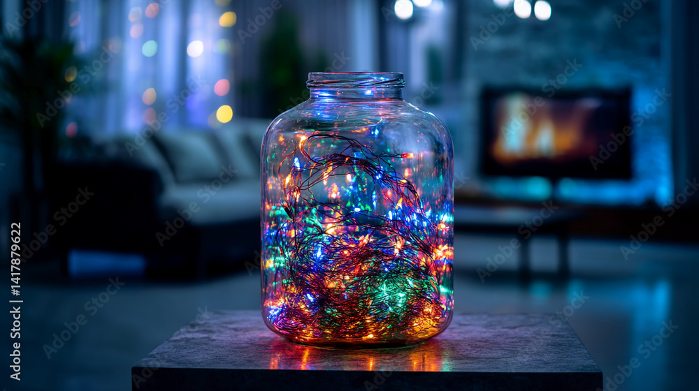 Poster glass jar filled with multicolored led string lights sits on a table, blurred living room background