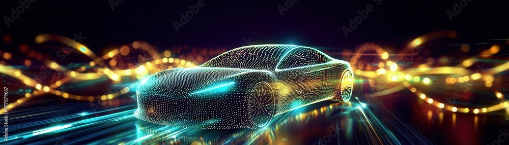 Poster a futuristic car illuminated with vibrant lights, set against a dynamic background of glowing patter