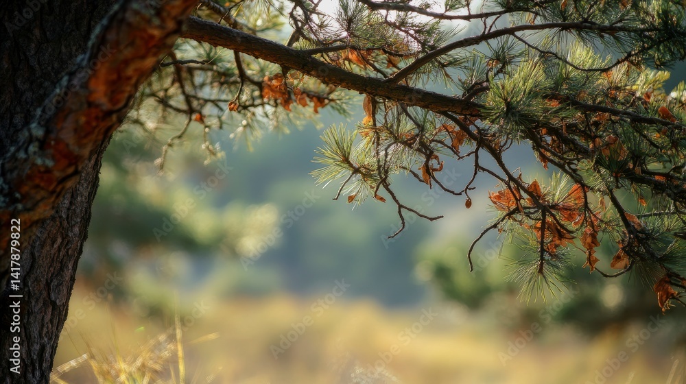 Poster close-up of a pine tree branch with needles and cones, blurred background showing a field.