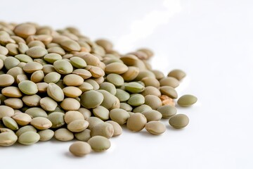 Fototapeta premium Green lentils pile, food photography, white background, healthy eating, recipe ingredient