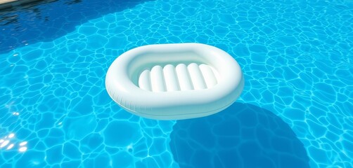 Crystal-clear blue pool water with a bright inflatable mattress floating serenely, turquoise, summer vacation