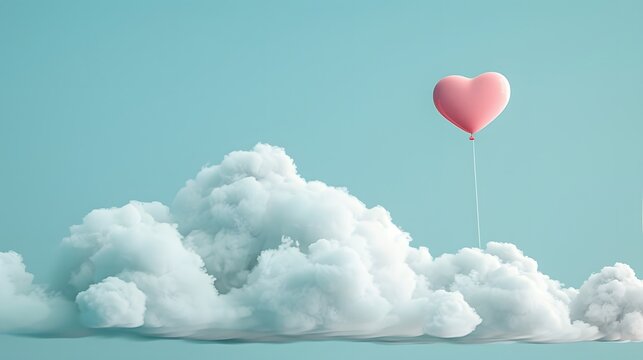 Romantic scene with white cotton clouds and a pink heart balloon on a pastel background
