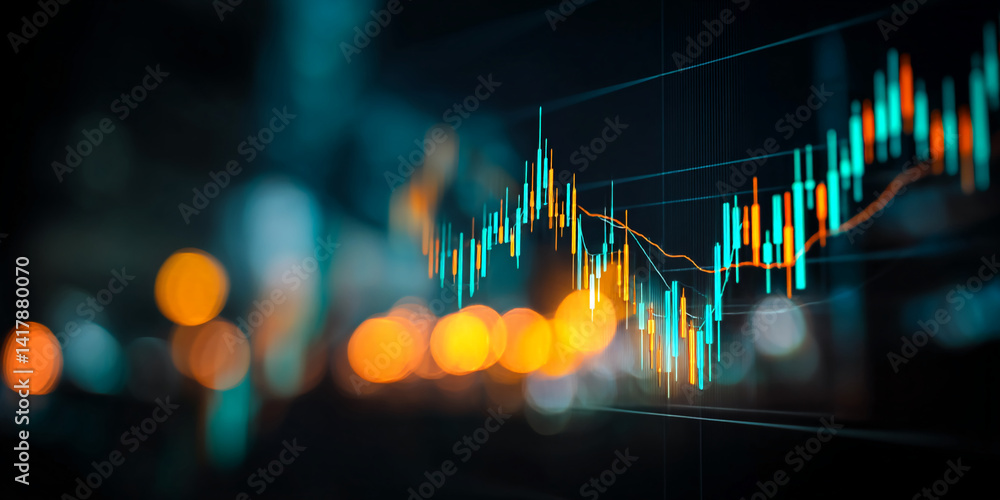 Poster close-up of a stock market chart displayed on a screen, showing teal and orange candlestick patterns
