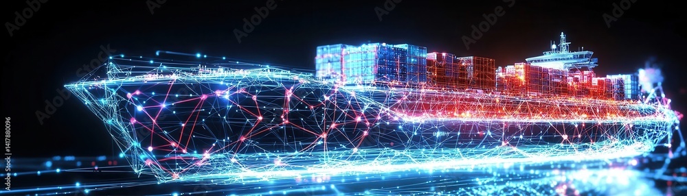Poster a digital rendering of a cargo ship illuminated with vibrant lights, showcasing a futuristic design 