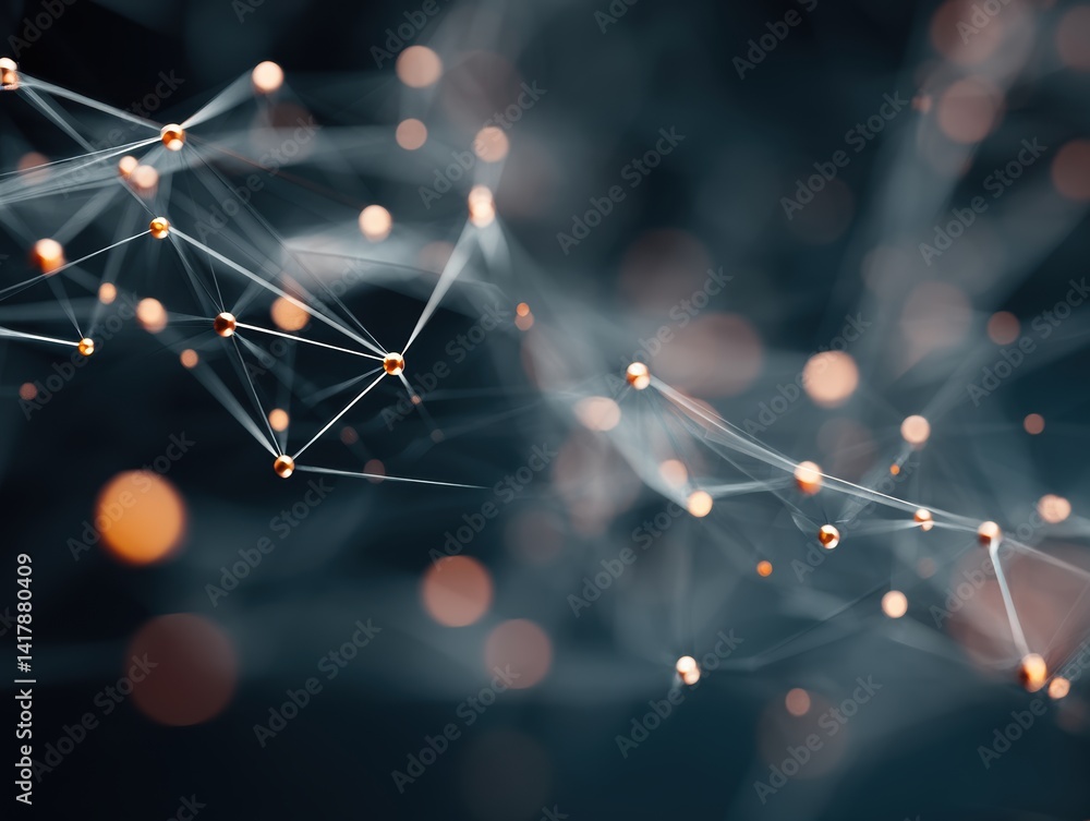 Poster abstract network with glowing spheres and white lines connecting in a blurred bokeh background digit