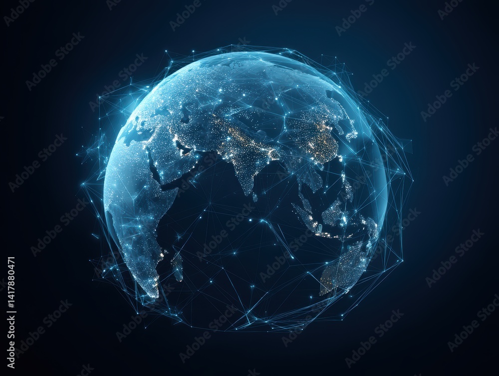 Poster digital earth globe with blue network connections representing global data and futuristic technology