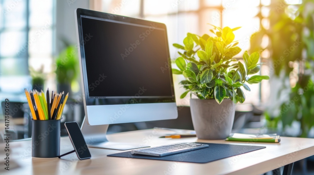 Poster organized and minimalist work desk with a sleek, powerful computer setup, providing a clean and effi
