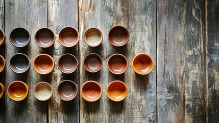 Colorful ceramic bowls on wooden background top view
