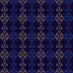 Elegant Seamless Geometric Tribal Pattern in Gold and Blue on Dark Background.