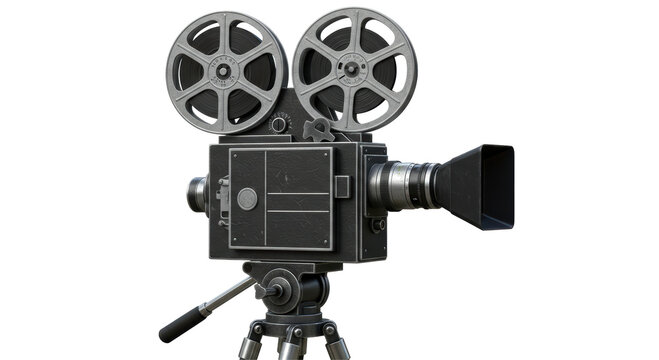 Isolated Black Vintage Movie Camera on Tripod with Reels