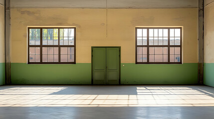 Empty Industrial Room With Sunlight And Large Windows