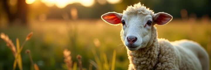 Obraz premium Curious sheep with alert eyes in rural setting, staring, domestic