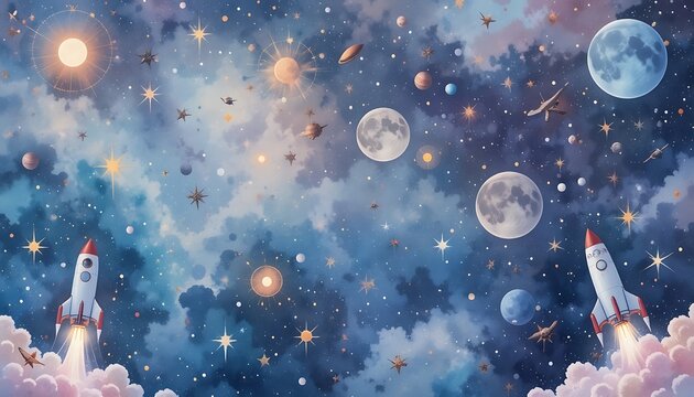 Fototapeta Rocket Launching in Starry Galaxy Illustration with Moons and Planets