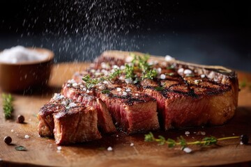 Vibrant image of a T-bone steak being carved on a wood surface, with the details of the juicy interior, garnished with thyme and a pinch of salt