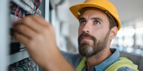 An electrician wearing a safety helmet diligently works on wiring. This image captures the skills and dedication of professionals in the electrical field.