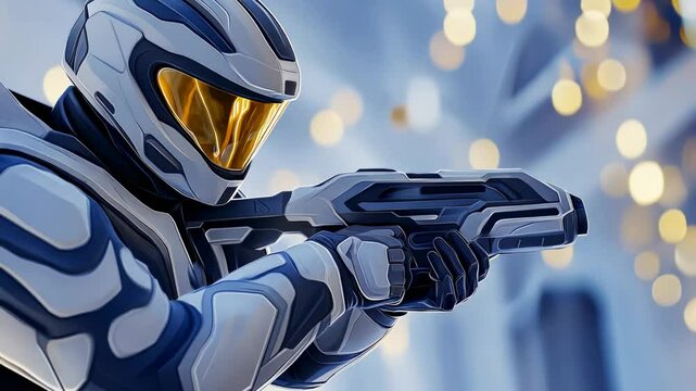 Futuristic soldier in advanced armor holding high tech weapon in sci fi battle scene