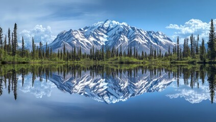 Alaskan Mountains reflected in serene lake, peaceful landscape