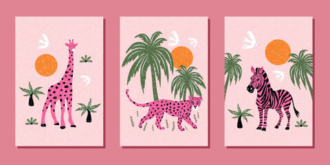 A set of abstract, modern banners with hand-drawn leopard, giraffe and zebra. Flat vector illustration.