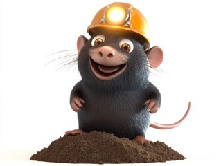 Cute Cartoon Mole Wearing Miner Helmet on Dirt Pile
