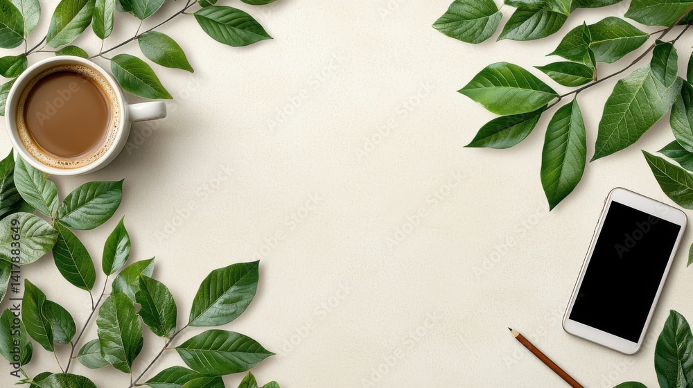 Poster a clean, organized desk with a sleek, contemporary computer and a blank digital display, creating a 