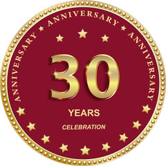 30 years anniversary vector golden design on red background with stars in round frame for celebration, congratulation and greeting card, banner, logo, icon