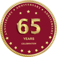 65 years anniversary vector golden design on red background with stars in round frame for celebration, congratulation and greeting card, banner, logo, icon