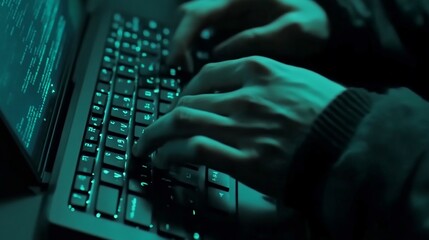 Intense focus on coding reflected by human hands over illuminated keyboard