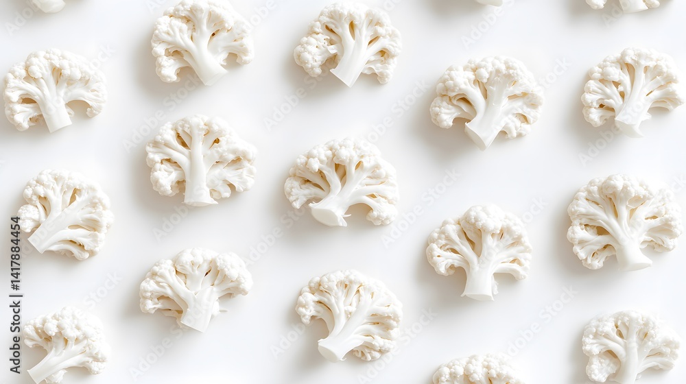 Poster a flat lay showcasing a repetitive pattern of fresh cauliflower florets arranged on a white backgrou