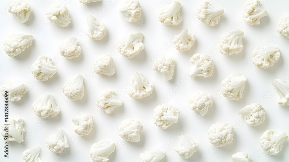 Poster overhead shot of numerous cauliflower florets arranged in a repeating pattern on a white background.