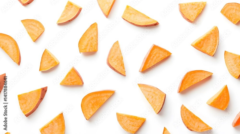 Poster flatlay of numerous orange sweet potato slices arranged on a white background. the slices are variou