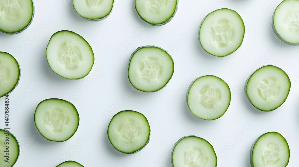 Poster overhead shot of numerous cucumber slices arranged in a repeating pattern on a white background. fre