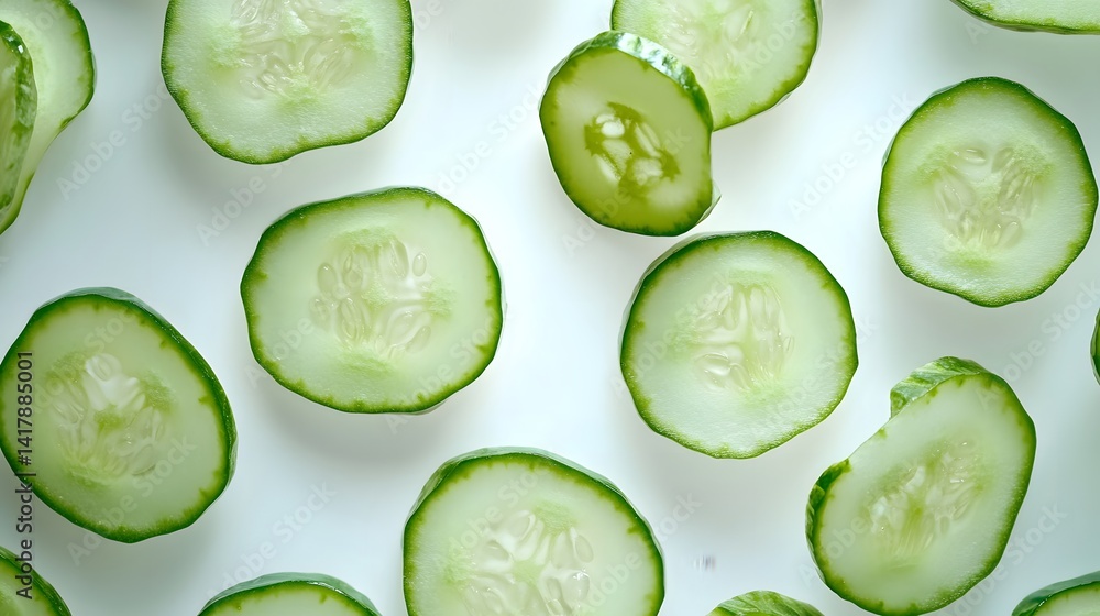 Poster overhead shot of numerous fresh cucumber slices scattered on a white background. the vibrant green c