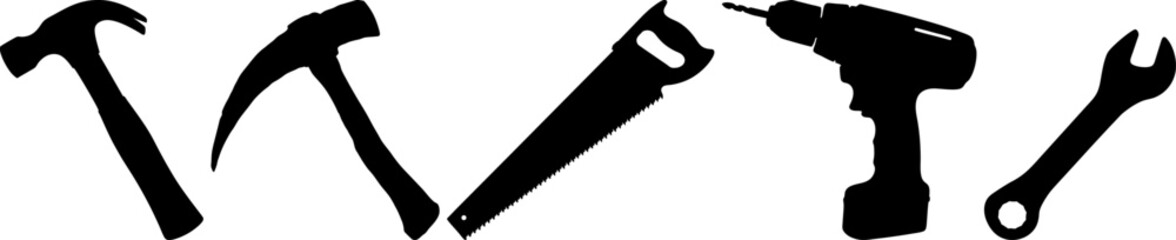 Black Silhouettes of Hand Tools Hammer Saw Drill Wrench DIY Repair Construction Home Improvement