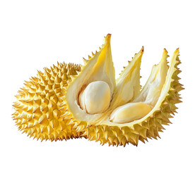Obraz premium A yellow durian, cut in half and displayed on the right side of an isolated on Transparent Background and PNG