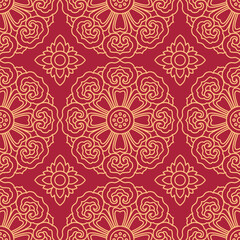 Red and Gold Ornamental Seamless Pattern with Buddhist Motifs, Chinese New Year and Asian Festival TET Design Elements