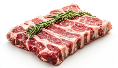 Raw meat cut with rosemary sprig on white surface ready for cooking.