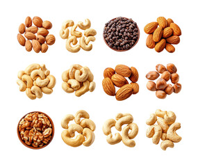 Diverse nut collection displayed on food isolated on transparent background