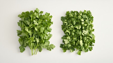 Naklejka premium Two bunches of fresh cilantro, one whole and one chopped, are displayed against a white background. A vibrant green color highlights the herbs.