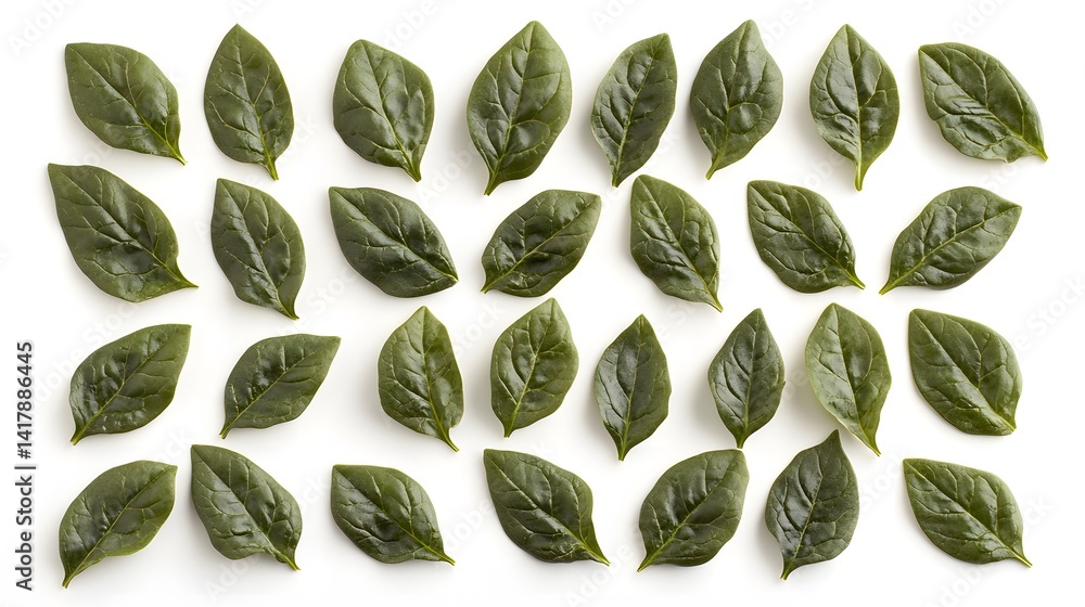 Poster overhead shot of multiple fresh spinach leaves arranged in a neat pattern on a white background. per