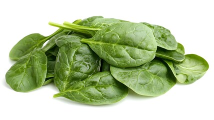 Fototapeta premium A bunch of fresh, vibrant green spinach leaves, glistening with moisture, isolated on a bright white background. Perfect for healthy eating and culinary visuals.